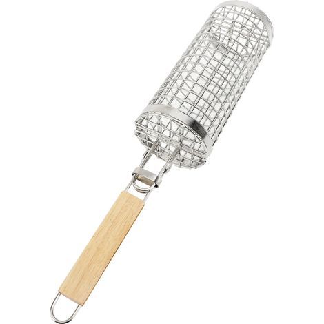 Rolling grill basket, open and closed type, stainless steel and wood handle, wire mesh for camping, barbecue, and picnics (1/5)