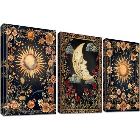Quadri Tela Boho Gotico Sole Luna Tarocco Set 3 50x70 cm (1/5)