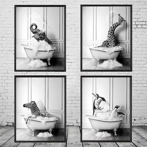 Tableau en noir et blanc représentant des animaux : éléphant, zèbre, pingouin, girafe, baignoire, décoration de salle de bain, dessin de base (1/5)