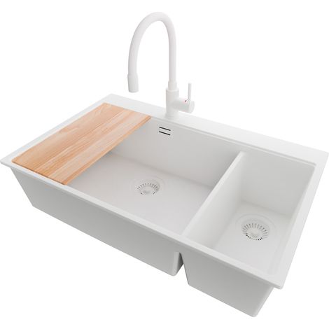 PRIMAGRAN Evier Cuisine en Granit 78x50cm, Lavabo 2 bacs + Kit de Vidage + Accessoire, Évier à Encastrer au meuble 80cm - Oslo Duo, Tout Blanc (1/5)