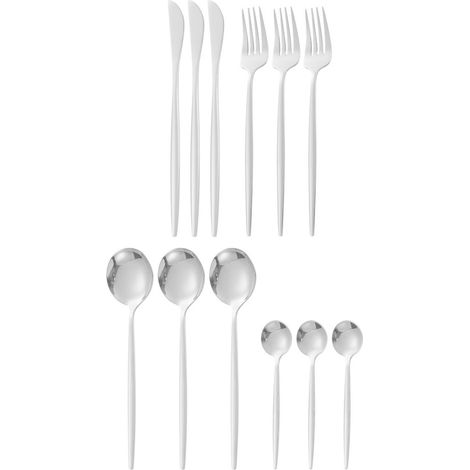 Coffret de 12 pièces de couverts en acier inoxydable 410 brillant, cuillères, couteaux et fourchettes argentés pour maison et restaurant (1/5)