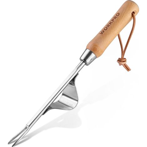 1 - Désherbeur Manuel - Extracteur de Racines - Acier Inoxydable et Manche en Bois - Pour Jardin et Potager - Naturel - 38x5cm