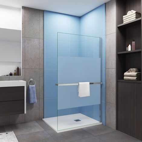 Paroi de douche en bande central dépoli 140x200cm avec porte serviette-étagère chromé (1/5)