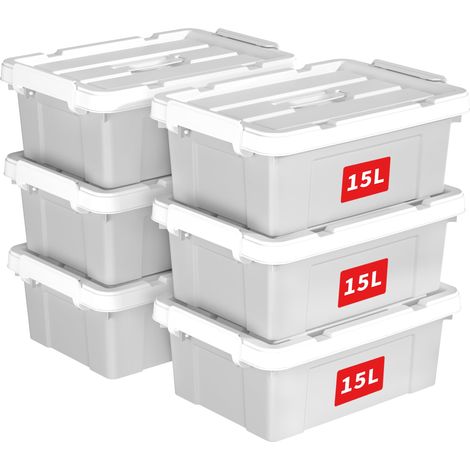 15L6 Boîte de Rangement, Bac de rangement avec Poignée, Plastique Organisateur avec Couvercle, Empilable, Transportable, pour Vêtements, Bureau, Chambre, Dortoirs, Gris, 15L - Lot de 6 (1/5)