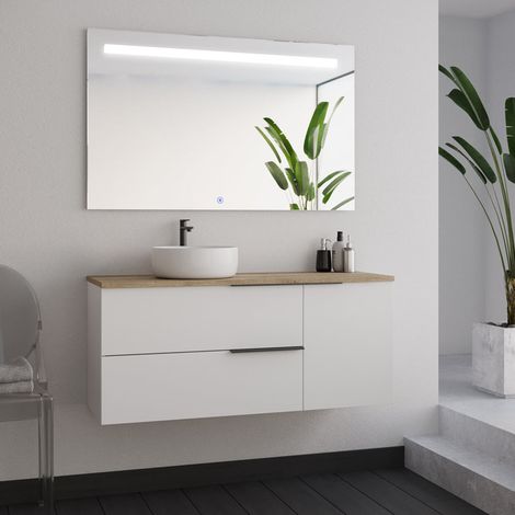Meuble de salle de bain 100cm avec vasque à poser ronde - blanc - KING et miroir Led STAM (1/5)
