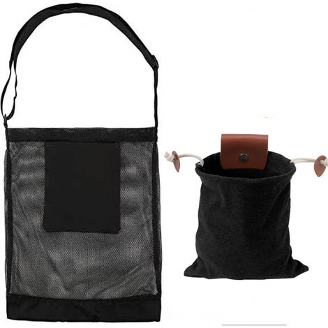 Ensemble de sac à champignons en toile cirée grand format avec pochette en filet et bandoulière réglable, pour la cueillette, la chasse et la récolte de fruits, noir. (1/5)