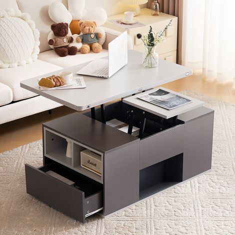 Table basse relevable - 100x51x47cm - Plateau dépliable pour former 2 tables - Grande capacité - Gris foncé + Gris clair (1/5)