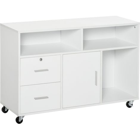HOMCOM Support d'imprimante organiseur bureau caisson placard + 2 tiroirs + niches + grand plateau panneaux particules blanc (1/5)