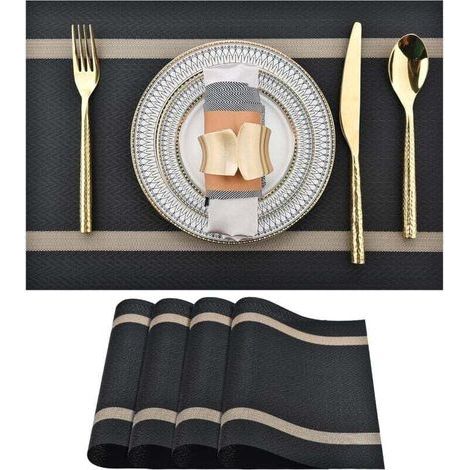 Set of 4 black vinyl placemats – Washable, heat resistant ≤ 100°C – Dimensions 17.7 x 12 inches – Easy to clean (1/5)