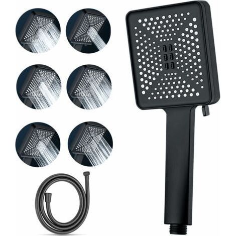 6 types de pommes de douche à jet massant, pomme de douche à tuyau de 1,5 M, pomme de douche haute pression (noir) (1/4)