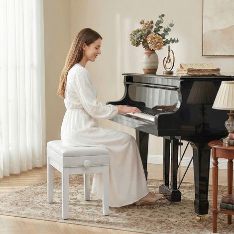 Banquette tabouret siège Bois Blanc piano coffre intégré hauteur réglable hévéa assise revêtement synthétique