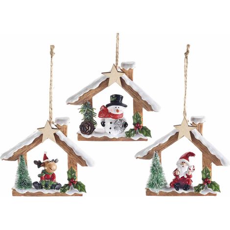 Maisonnettes de Noël en résine à suspendre, bonhomme de neige, Père Noël et renne, lot de 9, 10,5 x H. 9 cm