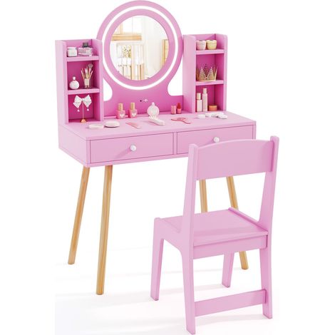 COSTWAY Kids Vanity Set  Princess Vanity Desk Set w/ LED Lighted Mirror-Pink (1/5)