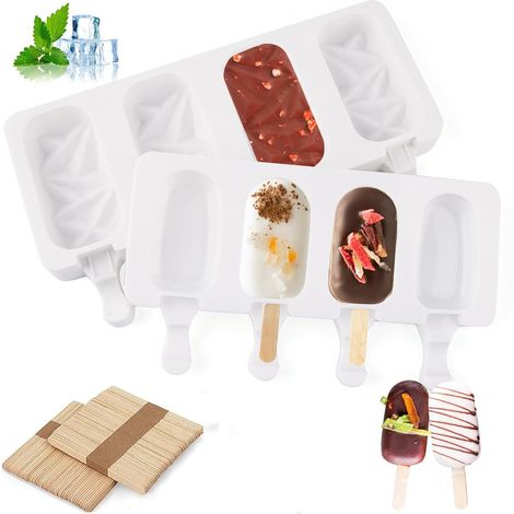 Juego de 2 moldes de silicona para paletas heladas con 8 cavidades y 100 palitos de madera para hacer paletas heladas. (1/5)