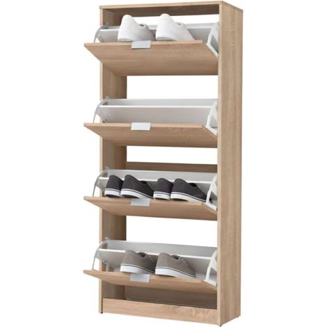 Scarpiera Santina, Mobile Portascarpe 8 Ripiani, 4 Ante, Maniglie Incluse, 67x28x155.5h cm Marrone Rovere