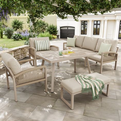 Canapé de jardin tissé main 7 personnes accoudoirs cadre fer sellerie beige table plateau verre 2 fauteuils terrasse imperméable. (1/5)