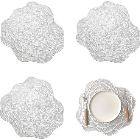 Set mit 4 rutschfesten und hitzebeständigen PVC-Tischsets mit silbernem Rosenmuster (1/4)