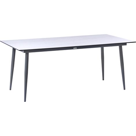 Mesa de comedor de jardín con tablero de HPL y estructura de aluminio resistente a los rayos UV agua óxido gris oscuro con tablero efecto travertino Tolentino