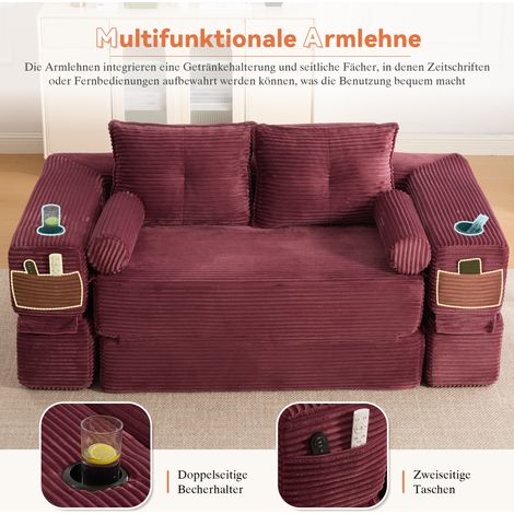 Canapé-lit pliant 2 places, mousse haute densité et ressorts, stable et confortable. Avec poches, porte-gobelets, coussin mémoire + 2 coussins déco. Livré sous vide, montage rapide, idéal salon et app (1/5)