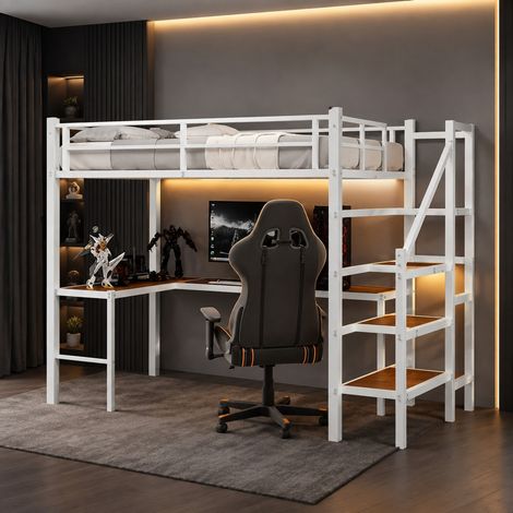 Letto a soppalco con scrivania 197x98x175.5 cm, scala con vani contenitore, ripiani, ringhiere complete, ferro bianco (1/5)