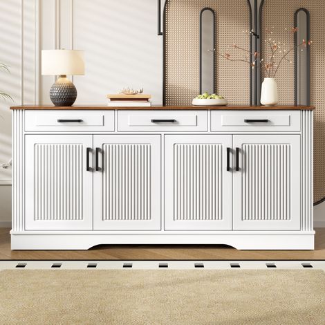 Sideboard 160x40x75 cm, ante scanalate verticali, 3 cassetti, 2 vani chiusi, MDF, bianco (1/5)