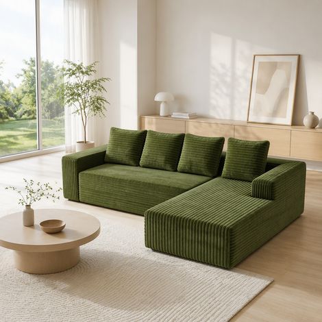 Modulares Ecksofa L Form (261x168x58 cm), ohne Montage, mit Chaiselongue, Cordstoff, Grün (1/5)
