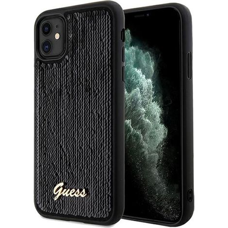 Guess GUHCN61PSFDGSK Custodia rigida nera/nera per iPhone 11 / Xr 6.1 con scritta in paillettes e dettagli in metallo (1/5)