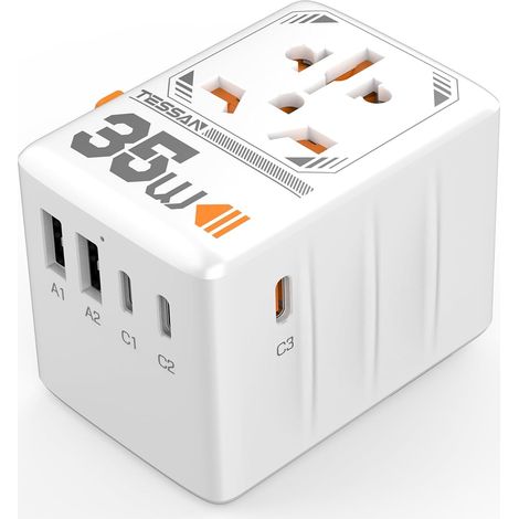 Adaptateur de voyage universel, prise 35 W avec ports de charge 2A3C, convertisseur de puissance, compatible avec les pays du monde entier, blanc (1/5)
