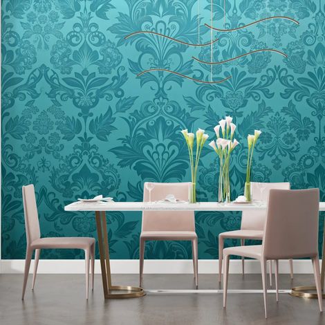 Papier Peint Vintage - Motifs Baroques Bleu Turquoise - 150 x 250 cm (1/2)