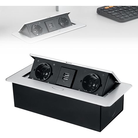 Einbau-Steckdosenleiste für den Schreibtisch, ausziehbare Steckdosenleiste, verdeckte Multimedia-Steckdosenleiste, multifunktionale Steckdosenbox, 2 AC-Steckdosen + 2 USB-Ladeanschlüsse, silber.