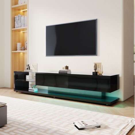 TV-Lowboard 170 x 36 x 38 cm Hochglanz-Schwarz mit LED, 2 Schubladen und Glasablagen HAVRYA (1/5)