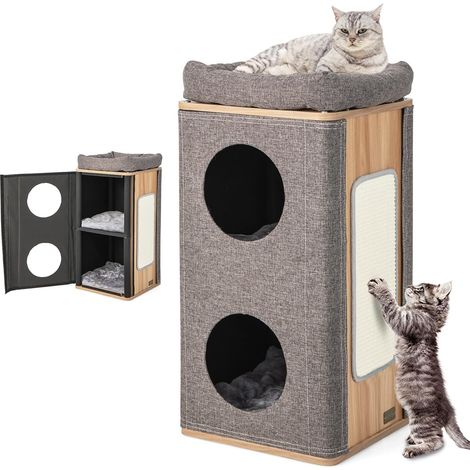 COSTWAY 3-stöckige Katzenhöhle Katzentonne, Katzenhaus mit Kratzbrett & 3 Matten, Spieltonne für Katzen bis 20 kg, Katzenkratzbaum mit Höhlen, Katzenturm Kratzbaum Katzenmöbel, Grau+Natur (1/5)