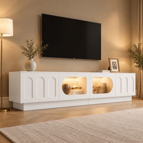 Mueble TV con almacenaje 200x40x42 cm MDF blanco, puertas de vidrio, LED por app - CHICFURN (1/5)