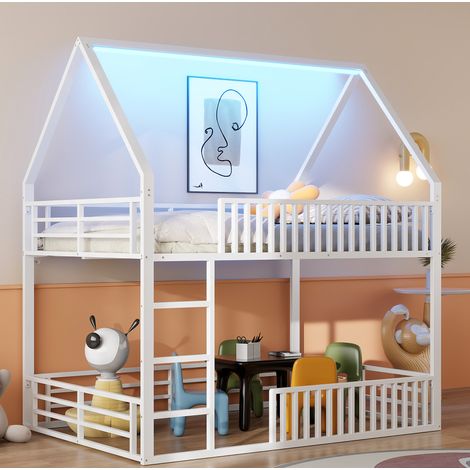 Cama alta tipo casita 140x200 cm de metal blanco con barandilla de seguridad y luz LED (1/5)