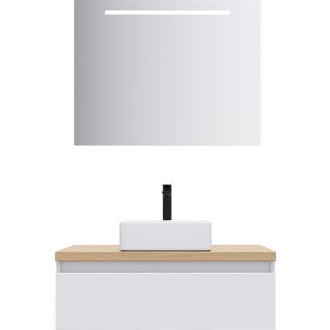 Meuble de salle de bain suspendu vasque à poser 90cm 1 tiroir Blanc + miroir - Hudson (1/5)