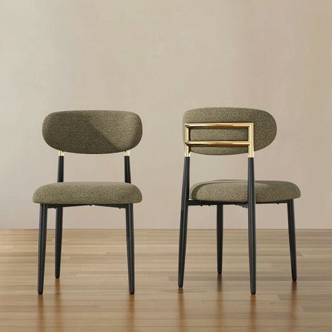 COLAMY Lot de 2 chaises de salle à manger en tissu rembourrées,dossier arrondi avec cadre doré,pieds métal noir,style moderne,marron