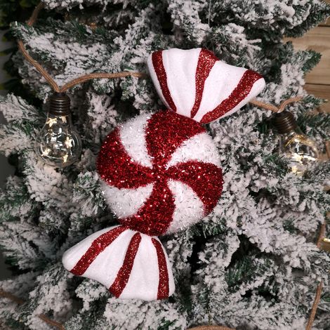 28cm Red and White Glitter Candy Stripe Sweet Hanging Christmas Decoration (1/5)