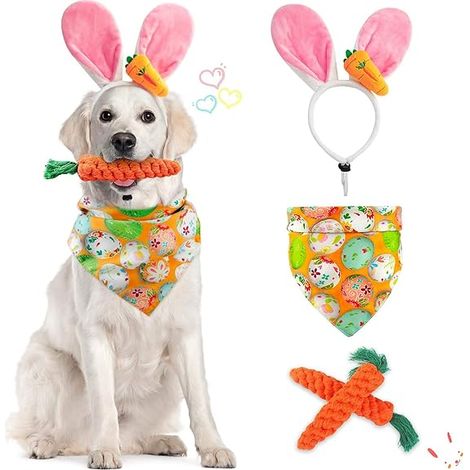 KOWOLL Ensemble de déguisement de Pâques, chapeau oreilles de lapin mignon et jouets en forme de carotte et d'œuf de Pâques (1/5)