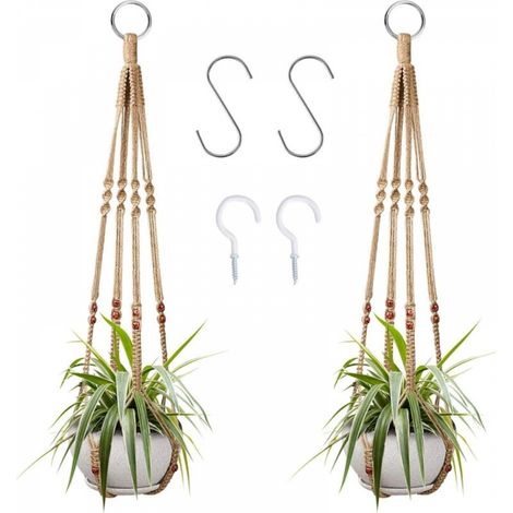 Suspension pour plantes d'intérieur en corde de coton et chanvre, 85 cm, avec perles en bois, pour décoration intérieure, sans crochets, 2 paires (1/5)