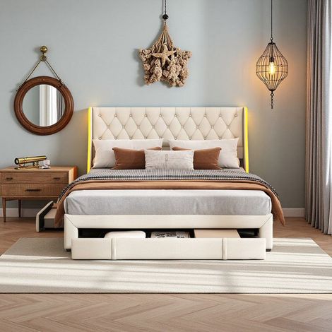 Cama Cofre Doble 160x200 - Terciopelo Gris Perla - 3 Cajones - LED Multicolor - Estructura de Metal