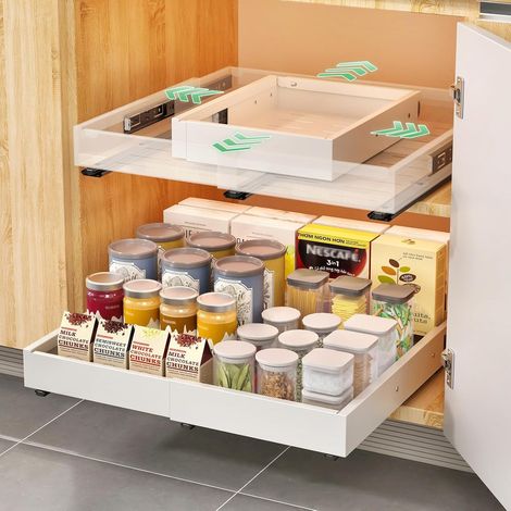 2er Pack Kitchen Sliding Drawer, Sliding Drawer 4-fach verstellbar Kitchen Cupboard and Drawer Organizer, No Drilling or Nails, Sliding Bin Kitchen Cupboard (1/5)