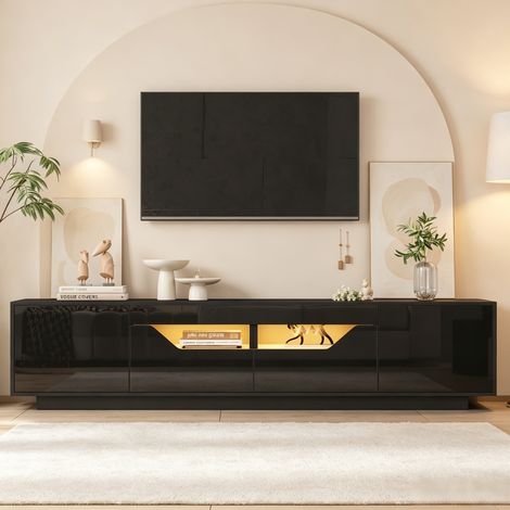 Mueble TV 180x40x45 cm negro brillante con LED, 2 cajones y 2 puertas, para TV hasta 75 pulgadas (1/5)