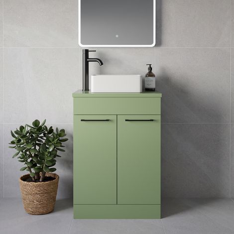 Napoli 390 Olive Green 600mm 2 Door Vanity Unit for Countertop Basins - 600mm - Matt Black 160mm Handle