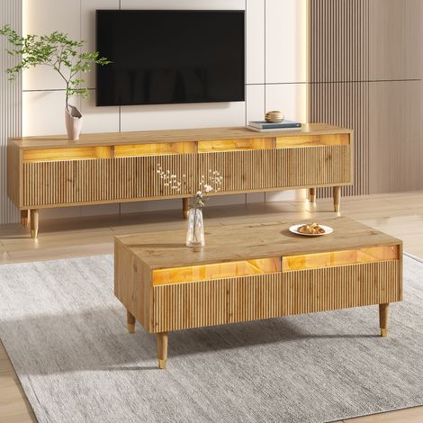 Ensemble de Meubles de Salon avec 1 Meuble TV 4 Portes et 1 Table Basse 2 Tiroirs, Éclairage LED, MDF, Bois