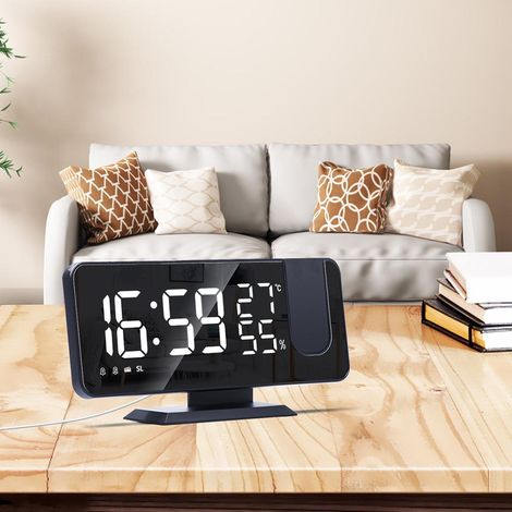 Reloj despertador digital LED con proyección y espejo [Acrílico, 185 x 45 x 91 mm] – Pantalla grande de 7,3" para un ambiente moderno [1 x reloj despertador, 1 x manual de instrucciones, 1 x cable USB (1/5)