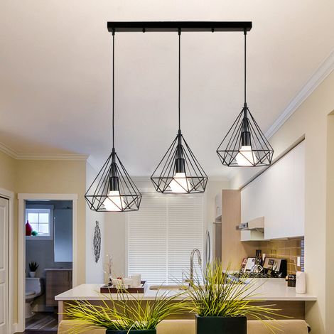 Pendant Lighting Fixture, Vintage Industrial Hanging Ceiling Lamp, Chandelier with Ø25cm Metal Diamond Cage for Bedroom Living Room Kitchen Island - 3 Lights with Long Pole Light Holder