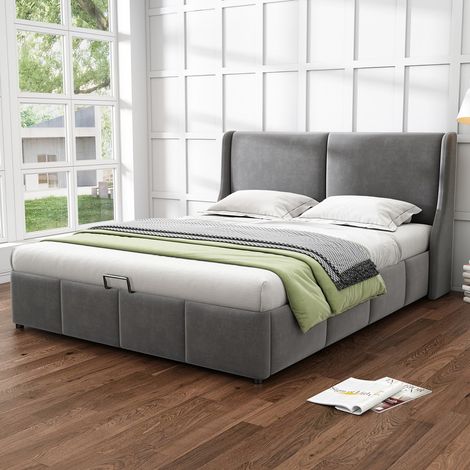 Lit double 140x190 cm - Velours - Coffre de rangement - Tête de lit incluse - Montage facile (1/5)