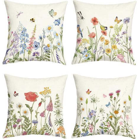 Housse Coussin 45x45 Lot de 4 Fleurs Oiseaux Papillons Printemps (1/5)