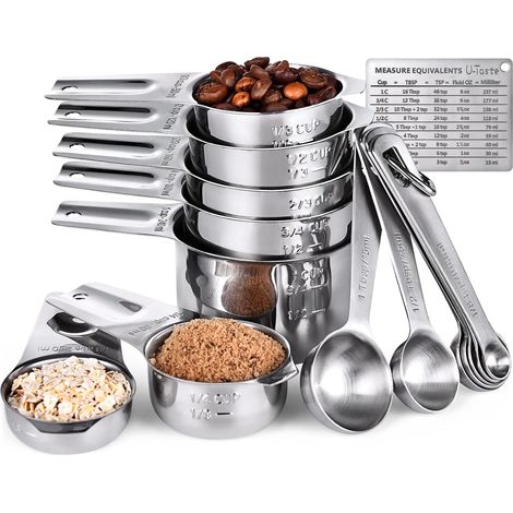 Tasses et Cuillères à Mesurer: Ensemble de 15 Cuillères Cups Doseuses en Acier Inoxydable 18/8, 7 Tasses & 7 Cuillères & 1 Tableau de Conversion de Mesure Magnétique (Argent) (1/5)