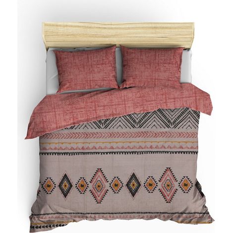 Parure de lit - 1 housse de couette 220 x 240 cm + 2 taies d'oreiller 60 x 60 cm - 100 % coton renforcé - Rouge (1/5)